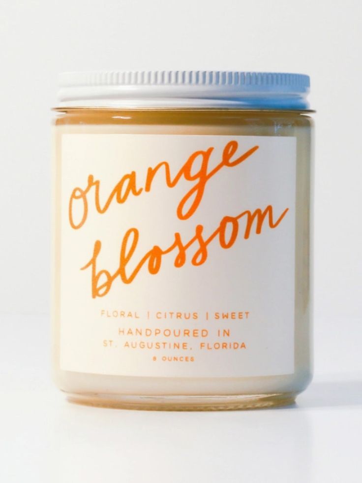 orange blossom candle Cute Candle Labels, Aesthetic Candle Label, Cute Candles Aesthetic, Candle Scent Combinations, Candle Marketing, Small Business Candle, Luxury Candles Packaging, Candles Jars, Housewarming Ideas