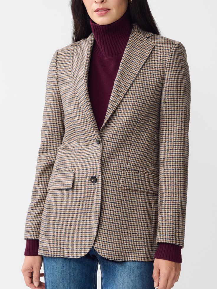 Check mate. Our single breasted blazer was inspired by our penchant for English countryside style with a signature J. McLaughlin flair. Pair with everything from silky dresses, cashmere turtlenecks, or the matching Broderick Pants - the options are endless. | J.McLaughlin Women's Bleecker Blazer in Houndstooth Light Tan/Brown/Denim, Size 2 | Denim/Wool/Polyamide Luxury Fall Suits With Suit Collar, Luxury Suits With Suit Collar For Fall, Luxury Semi-formal Fall Blazer, Elegant Tweed Jacket With Welt Pockets For Fall, Elegant Fall Tweed Jacket With Welt Pockets, Elegant Fall Tweed Jacket With Lapel Collar, Elegant Tweed Jacket With Lapel Collar For Fall, Luxury Single Breasted Fall Suits, Elegant Tweed Lapel Jacket For Fall