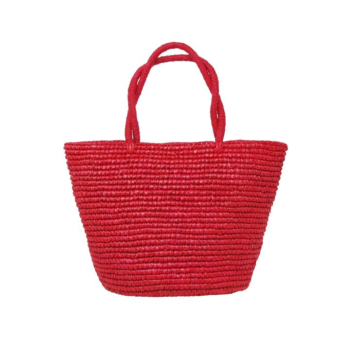 Medium Tote Woven Straw Solid 100% Toquilla Straw. This material is known for its quality and beauty. Each bag is entirely hand-made, from the straw dye to the weaving of the bag. -Measures approximately High: 24 Cm Width: 24 Cm Handle: 12 Cm - We ship with DHL Express. Shipping takes approximately 3 to 5 days to arrive depending on the destination. -Need Help? Please contact: customercare@sensistudio.com -All Sales Are Final. Red Woven Beach Bag In Basket Shape, Red Woven Basket Beach Bag, Red Woven Crochet Bag For Market, Red Handwoven Bucket Straw Bag, Red Handwoven Basket Straw Bag, Red Straw Bag For Summer, Red Basket Straw Bag For Daily Use, Red Straw Bag For Summer Market, Red Woven Crochet Bag For Shopping