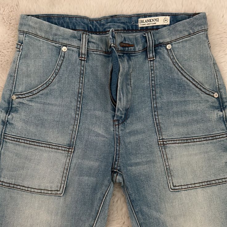 Never Worn Denim Jeans With Flair Bottom, Waist To Crouch Is 10”, Crouch To Bottom Is 43” Casual Washed Blue Cropped Jeans In Recycled Denim, Casual Washed Cropped Jeans In Recycled Denim, Casual Cutoff Jeans In Recycled Denim, Casual Faded Cropped Jeans From Recycled Denim, Utility Style Medium Wash Denim Flare Jeans, Cutoff Denim Jeans With Pockets, Light Wash Cropped Jeans In Recycled Denim, Blue Utility Jeans For Everyday, Everyday Light Wash Utility Jeans