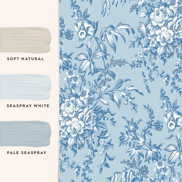 blue and white floral wallpaper with the words soft natural seaspray white pale seaspray