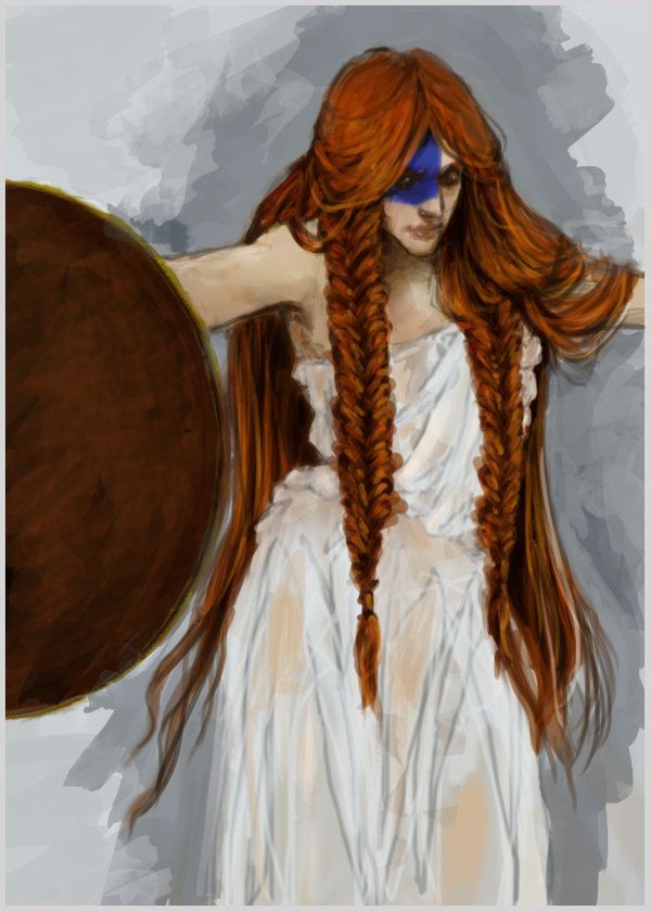 a painting of a woman with long red hair wearing a white dress and holding a shield