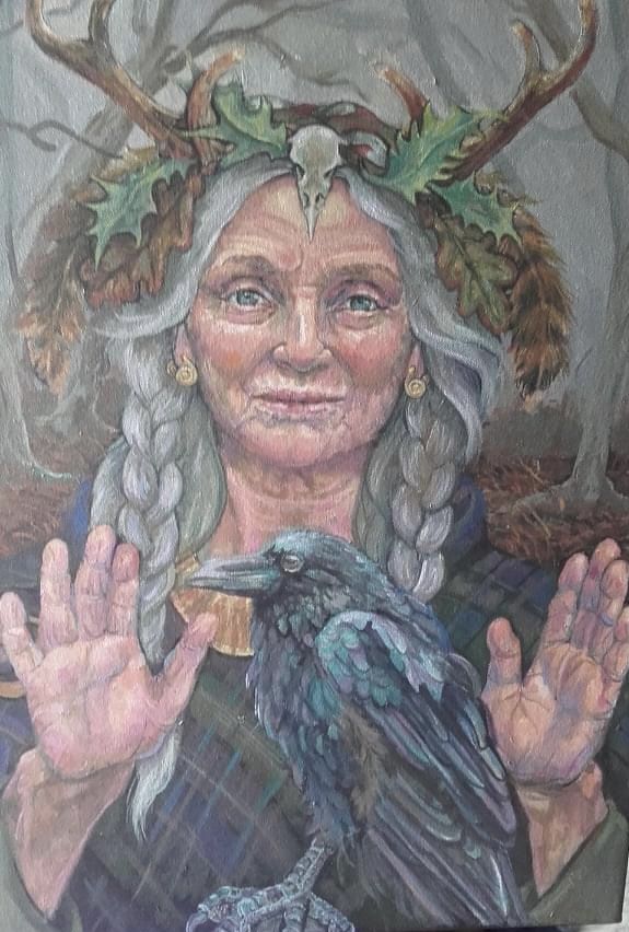 a painting of a woman holding a bird in front of her face with antlers on her head