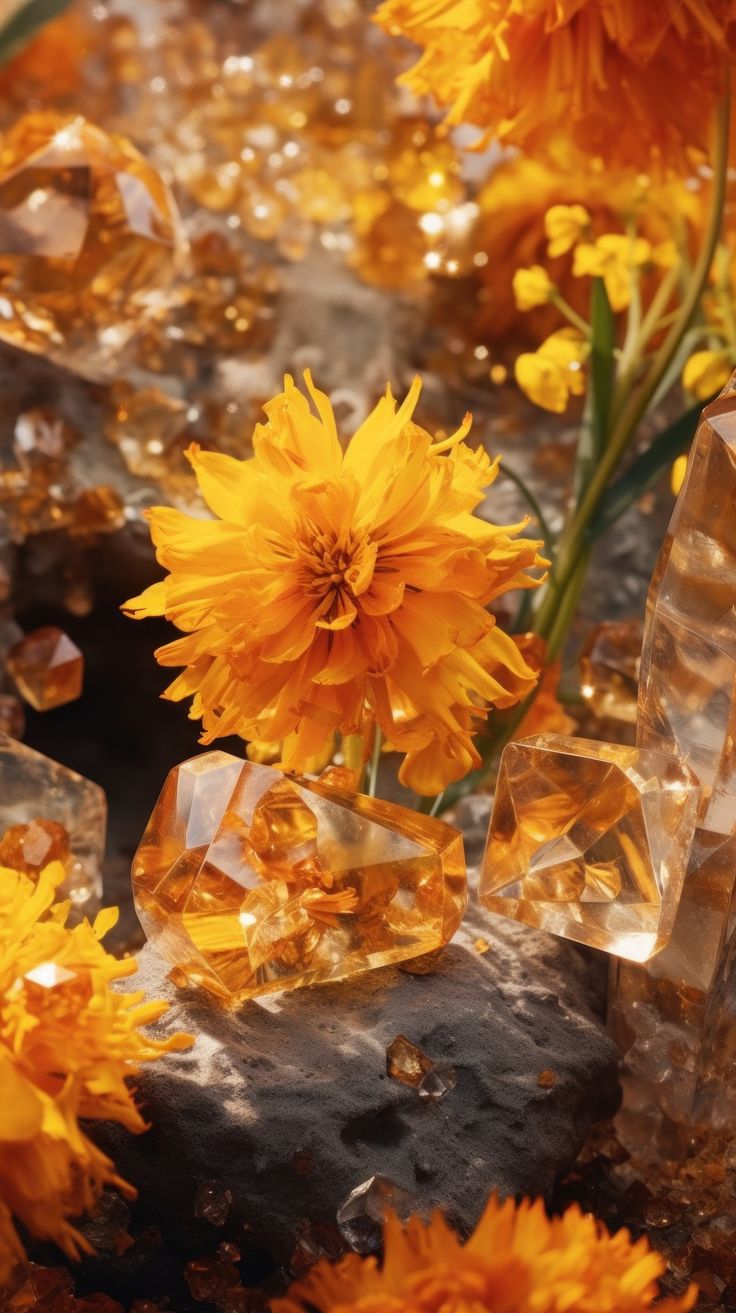 yellow flowers and crystals are on the ground