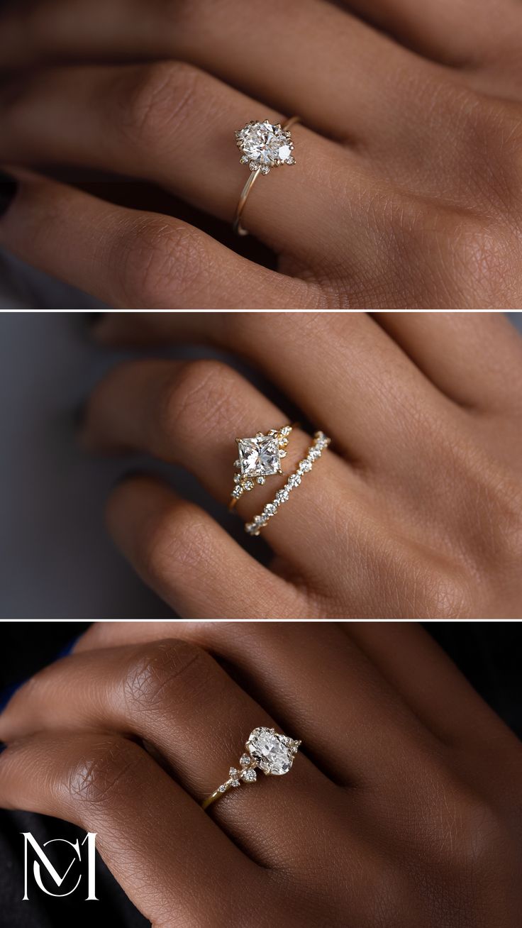 three different views of an engagement ring and wedding band