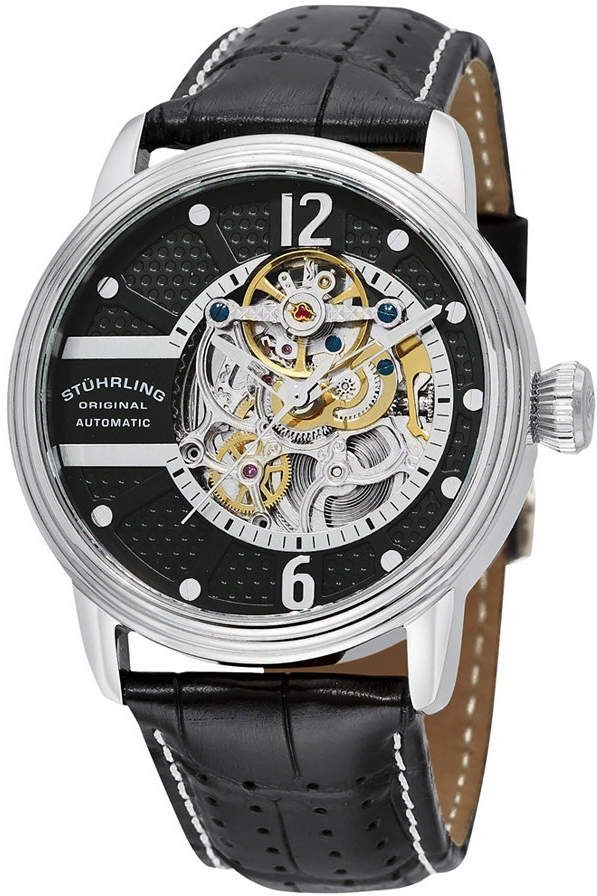 Stuhrling Original Stainless Steel Case on Black Perforated Alligator Embossed Genuine Leather Strap with White Contrast Stitching, Black Skeletonized Dial, with Silver Tone Accents Linework Drawing, Classic Watches, Mens Cologne, Mens Gift Sets, Surf Shop, Pump Sandals, Baby Clothes Shops, Stainless Steel Case, Alligator