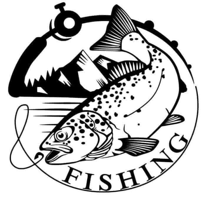 a fish logo with the words fishing on it and an image of mountains in the background