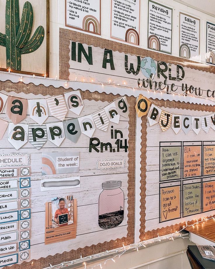 a bulletin board with words and pictures on it in a classroom setting that is decorated with string lights