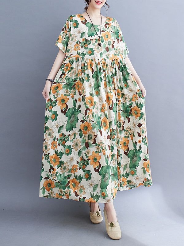 Floral Printed Pleated Split-Joint Loose Short Sleeves Round-Neck Midi Dresses Cheap Clothing, Vintage Spring, Green Midi Dress, Loose Shorts, Midi Dresses, Women Dresses, Cotton Style, Floral Printed, Clothing Women