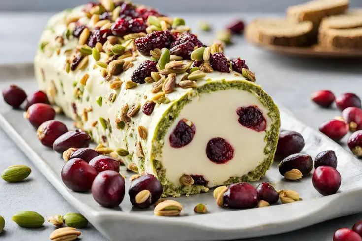 cranberry, pistachio and almond roll on a plate with crackers