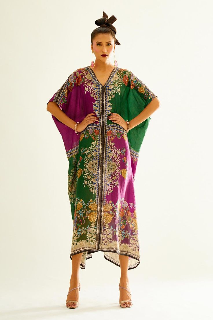 Buy Purple Silk Printed Floral V Neck Majida Kaftan For Women by Rajdeep Ranawat Online at Aza Fashions. Purple Kaftan, Rajdeep Ranawat, Beaded Sleeves, Kaftan Pattern, Kaftan For Women, Printed Kaftan, Print Layout, Purple Silk, Fabric Silk