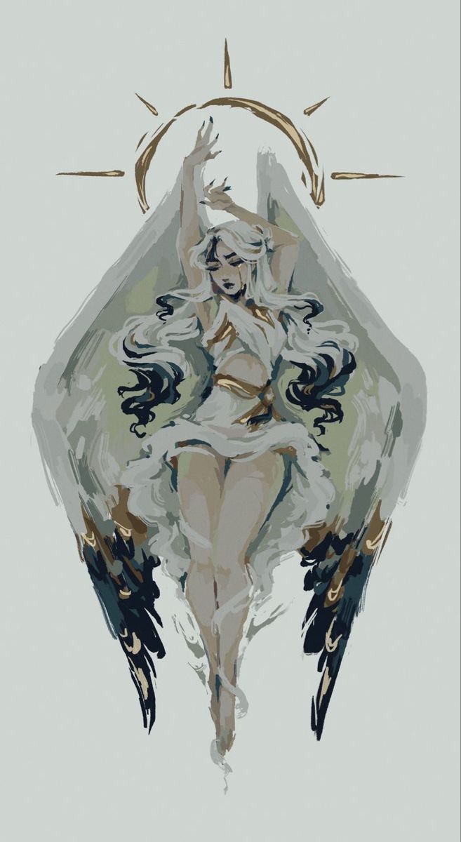 a digital painting of a woman with angel wings on her chest and arms spread out