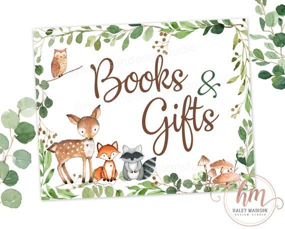 watercolor book and gifts sign with woodland animals