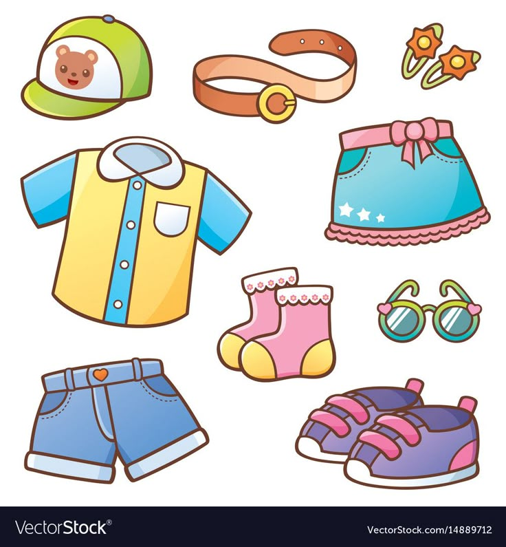 a set of children's clothing and accessories for the baby boy or girl on a white background