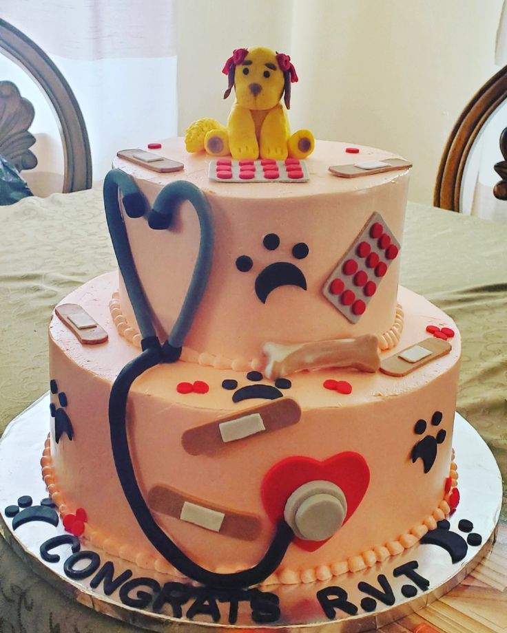 a pink cake with a stethoscope and dog on top is sitting on a table