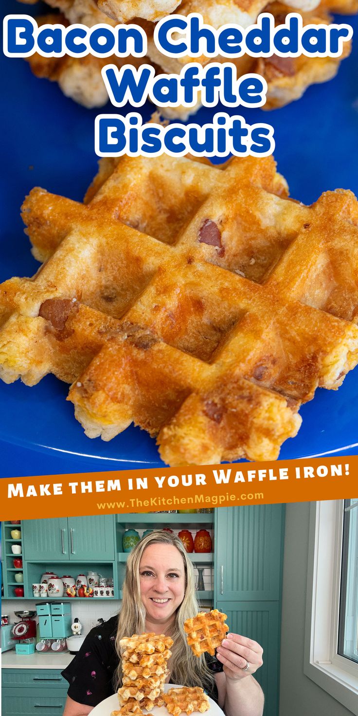 bacon cheddar waffle biscuits on a blue plate with the words make them in our