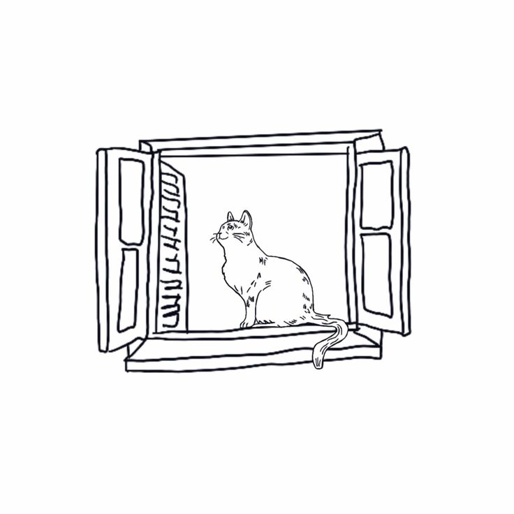 a black and white drawing of a cat sitting in an open window looking at something