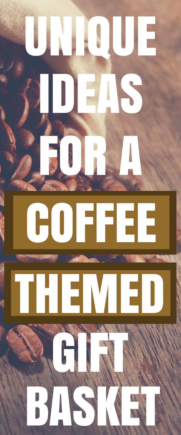 coffee themed gift basket with text that reads unique ideas for a coffee themed gift basket