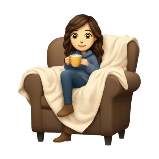 a woman sitting on a couch with a cup of coffee in her hand and she is wrapped in a blanket