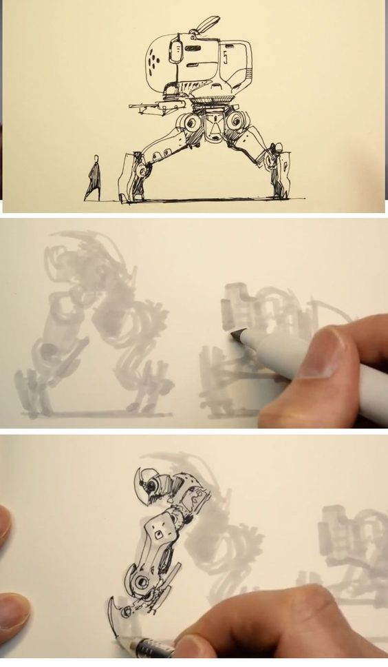 three different views of a robot drawn on white paper with marker and pen in hand