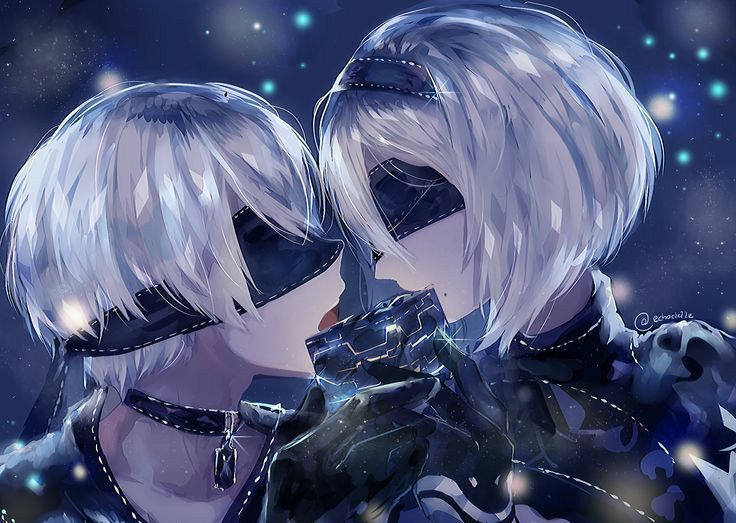 two anime characters kissing each other in front of stars and snow flecks on the night sky