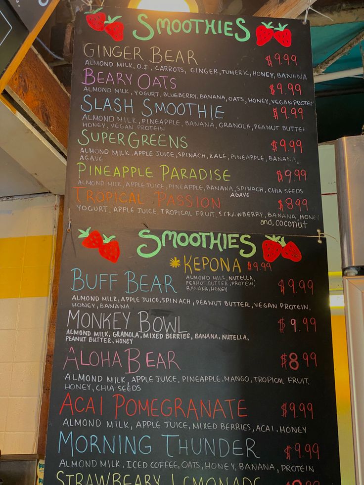 the menu for smoothies is hanging up