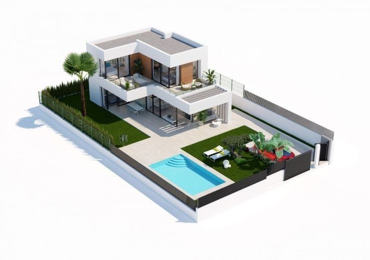 an aerial view of a modern house with pool