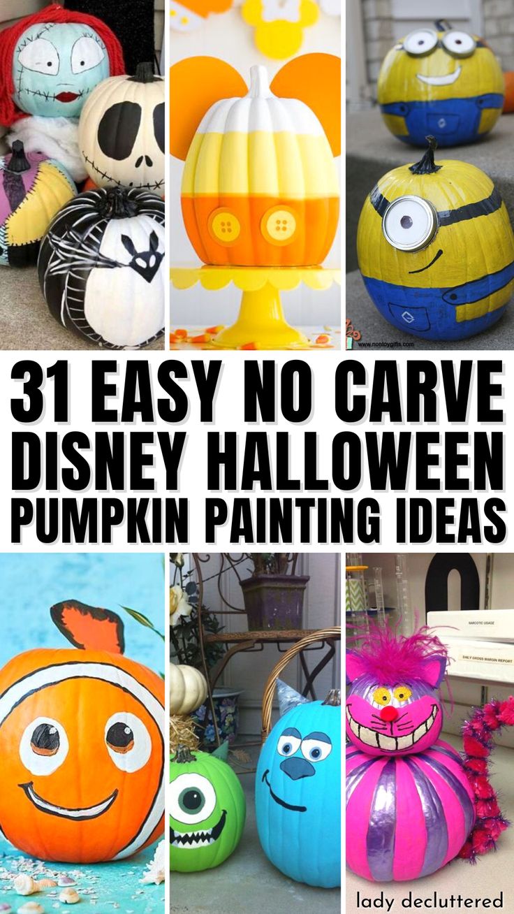 31 Easy Disney Pumpkin Painting Ideas Decorating A Pumpkin Ideas, Mike Wazowski Pumpkin Painting, Cool Painted Pumpkins Ideas, Decorating Pumpkins Without Carving Kids, Disney Character Pumpkins, Pumpkin Character Ideas, Coloring Pumpkin Ideas, Pumpkin Creative Ideas, Painted Character Pumpkins