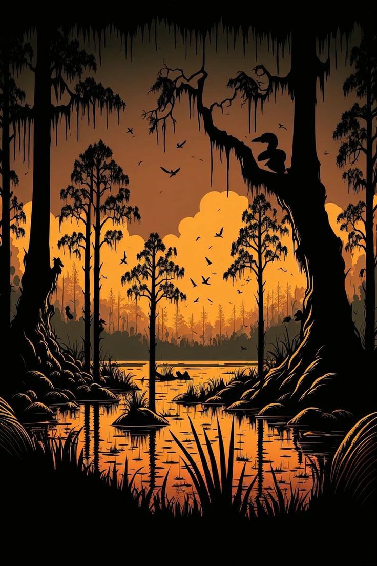 an image of a swamp at sunset with birds flying over the water and trees in the foreground