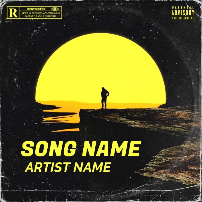 an album cover for song name artist name with a silhouette of a man standing on the edge of a cliff