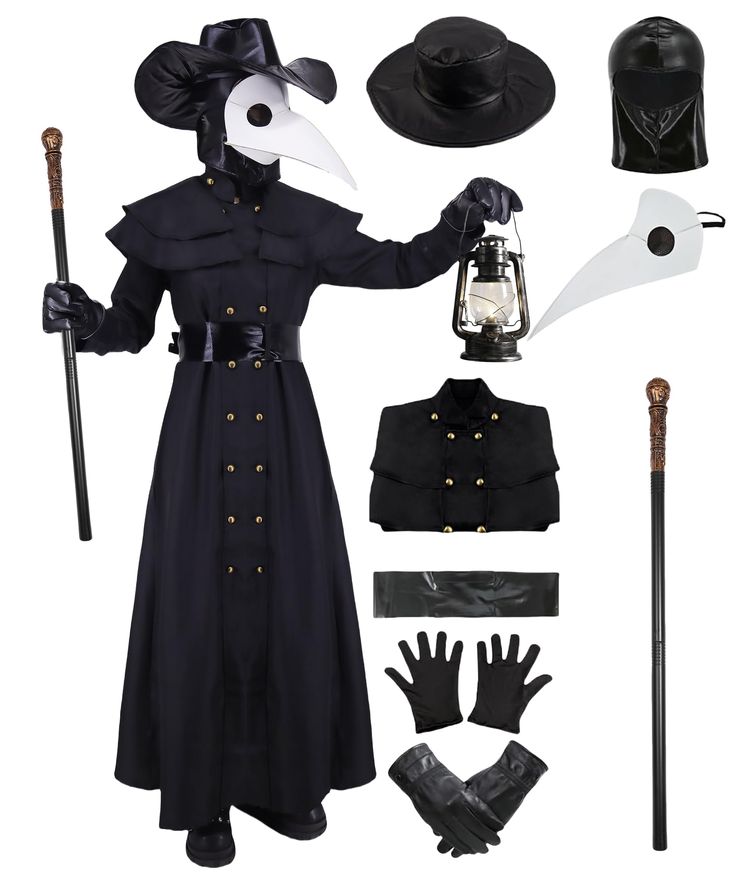 a woman dressed in black and holding a white mask, cane, hat, gloves, and umbrella