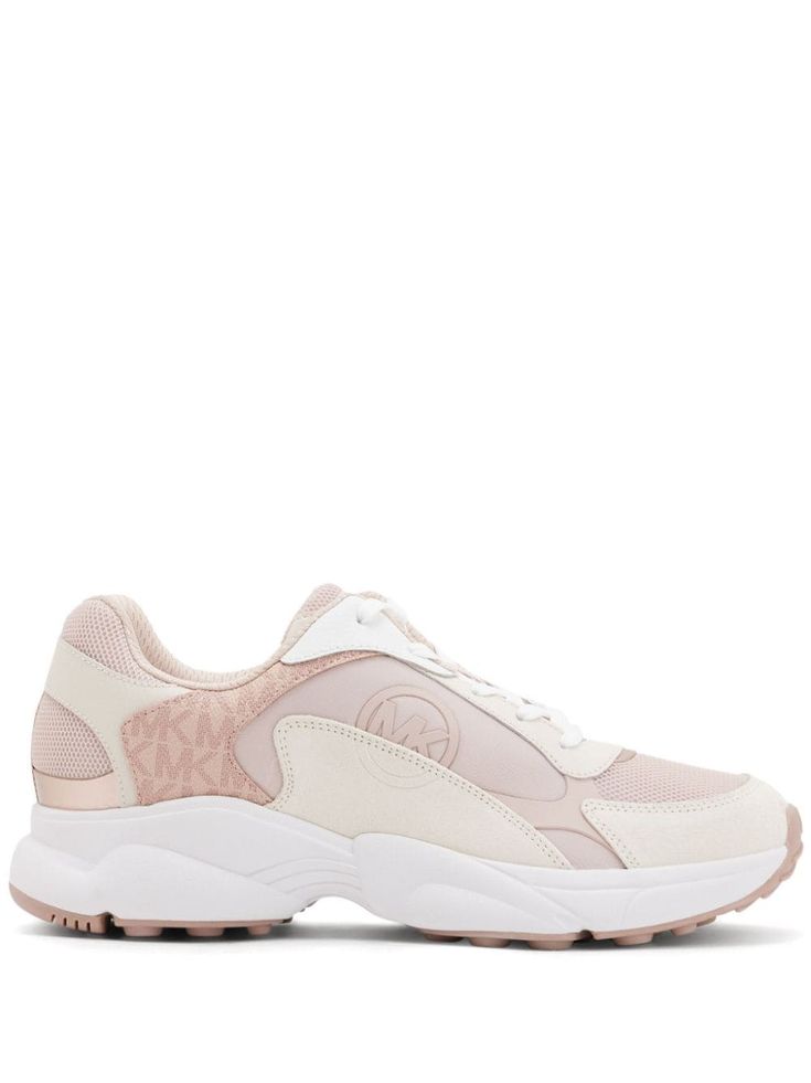 pink/white/beige leather trim panelled design mesh panelling monogram pattern panels round toe embossed logo to the side logo-embroidered tongue padded ankle branded insole rubber sole front lace-up fastening Pink Leather Jogging Sneakers, Pink Leather Sneakers For Jogging, Michael Kors Pink Lace-up Sneakers, Sporty Chunky Sneakers With Embossed Logo, Pink Michael Kors Lace-up Sneakers, Sporty Chunky Lace-up Sneakers With Embossed Logo, White Mesh Sneakers With Textured Sole, Michael Kors Pink Synthetic Sneakers, Pink Leather Chunky Sneakers With Rubber Sole