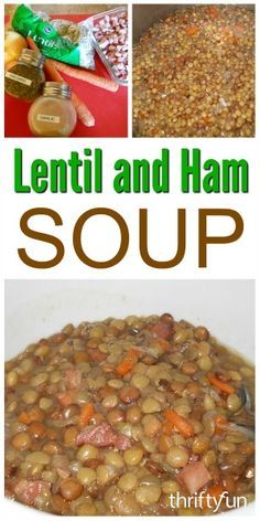 lentil and ham soup in a white bowl