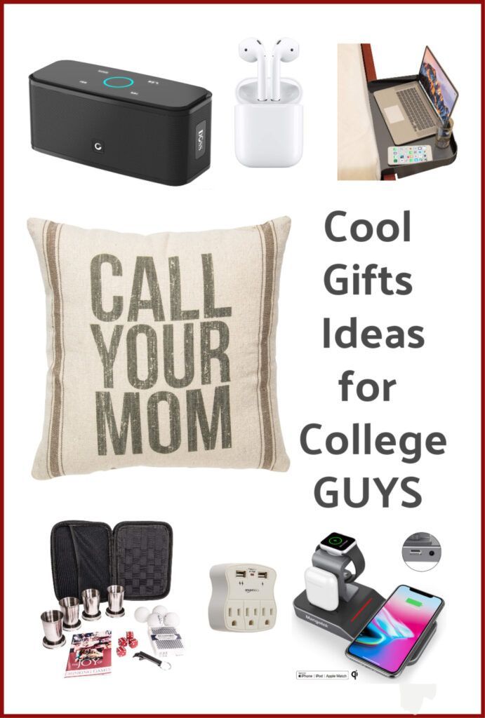 some items that are on top of a white background with the words cool gifts ideas for college guys