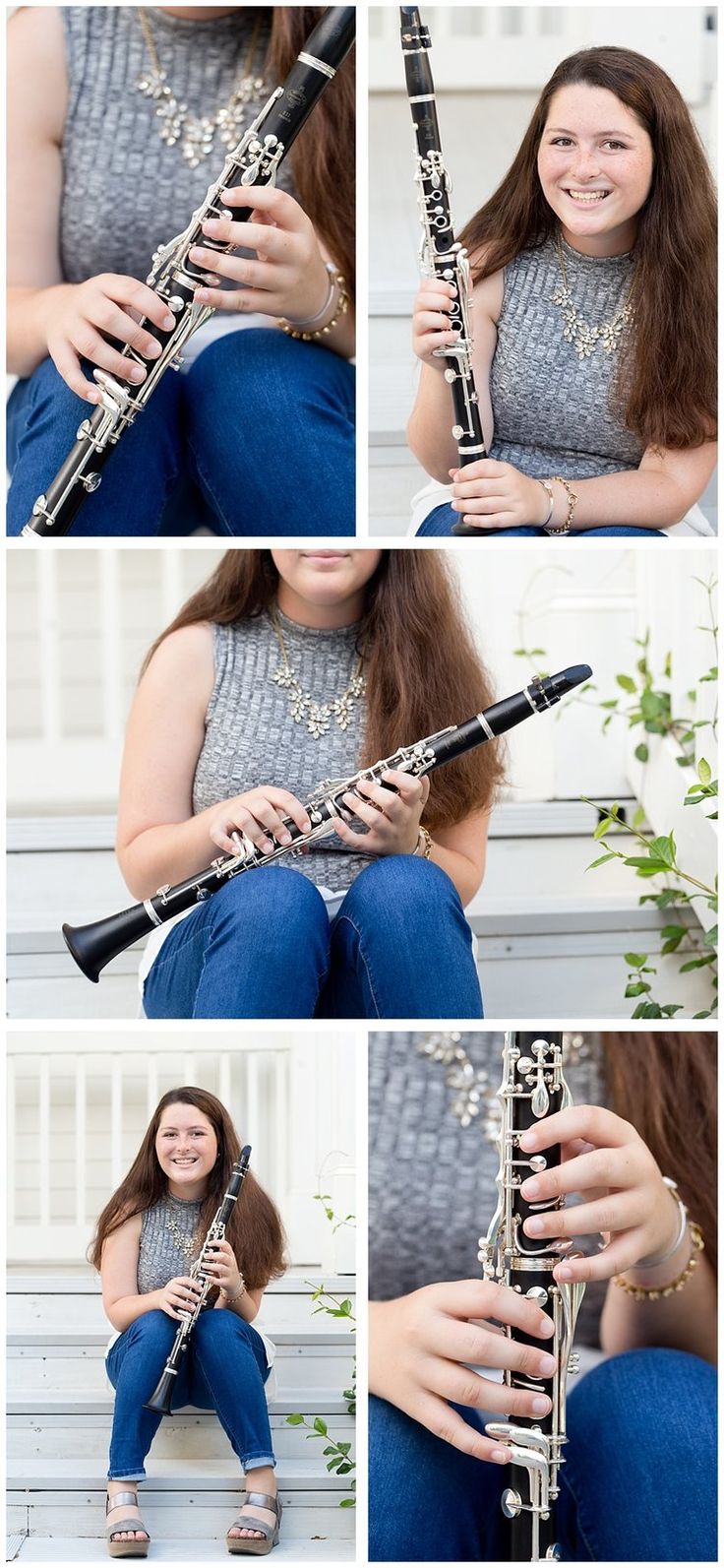 a woman sitting on a bench holding a flute in her hands and smiling at the camera