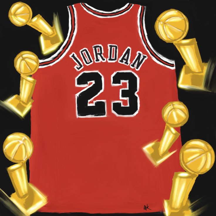 a painting of a basketball jersey surrounded by golden trophy cups and other sports related items