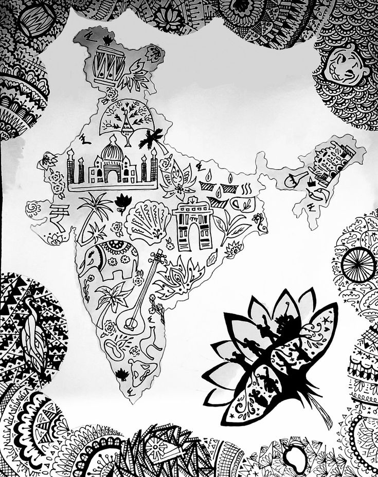 a black and white drawing of a map with lots of doodles on it's surface