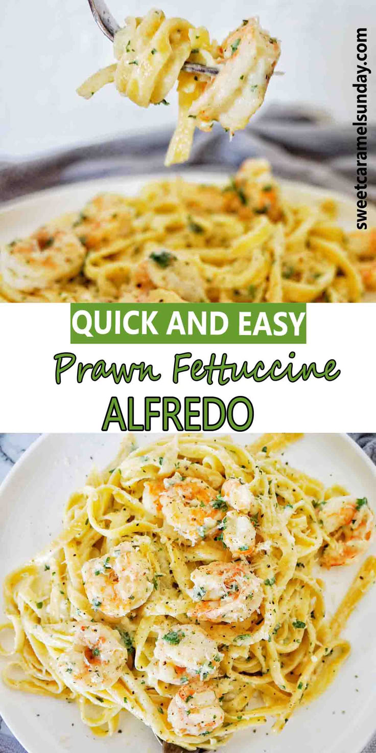 Fork holding prawn pasta above a white plate of the same. There is text written between 2 images. Prawn Alfredo Pasta, Prawn Recipes Pasta, Creamy Prawn Pasta Recipe, Prawn Fettucine, Cooked Prawn Recipes, Creamy Prawn Pasta, Prawn Pasta Recipe, Pasta With Prawns, Fettucini Alfredo Recipe