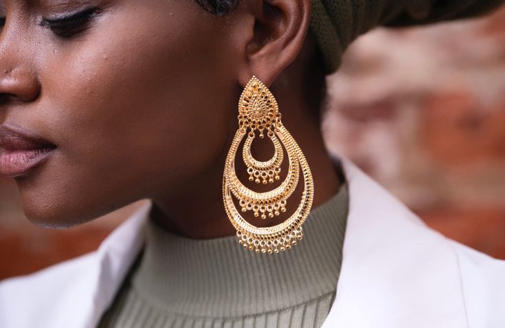 Pair of earrings -lightweight -yellow brass Intricate Brass Hoop Earrings, Gold Round Plug Earrings, Yellow Chandbali Jewelry With Intricate Design, Elegant Chandbali Hoop Earrings As A Gift, Chic Handmade Gold Plated Jewelry, Traditional Gold Metal Clip-on Earrings, Filigree Chandbali Earrings, Yellow Gold Plated Clip-on Earrings, Elegant Gold-tone Earrings