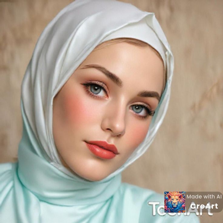 a woman with blue eyes wearing a white head scarf