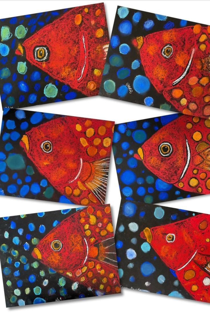 four red fish paintings on black paper with blue and orange circles in the background,