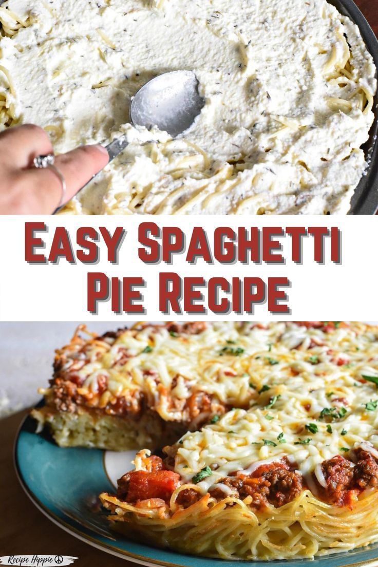 easy spaghetti pie recipe with cheese and sauce in the middle, on a blue plate