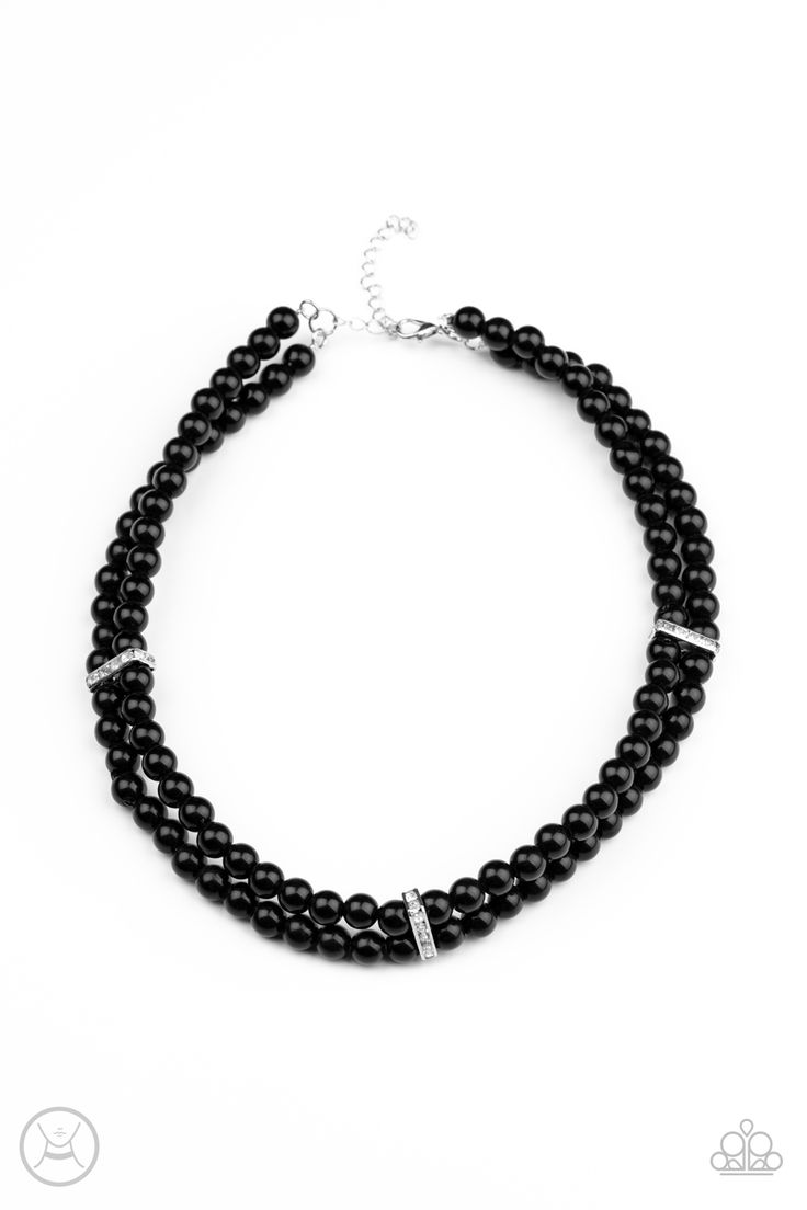 Pinched between white rhinestone encrusted frames, strands of classic black beads layer around the neck for a timeless look. Features an adjustable clasp closure.

 Sold as one individual choker necklace. Includes one pair of matching earrings. Black Jewelry Necklace, Black Pearls, Black Choker Necklace, Choker Necklace Set, Black Choker, Paparazzi Accessories, White Rhinestone, Black Necklace, Paparazzi Jewelry