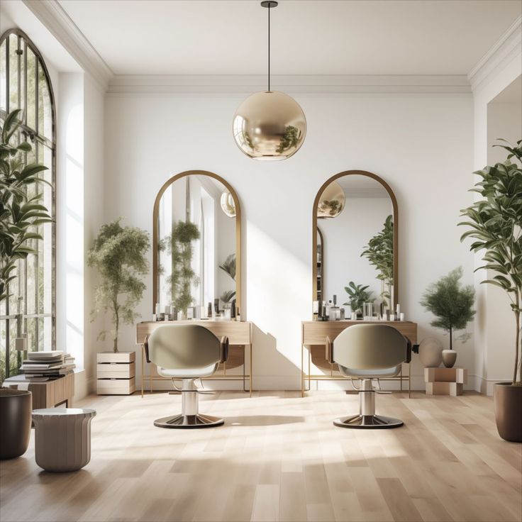 a room with mirrors, chairs and potted plants