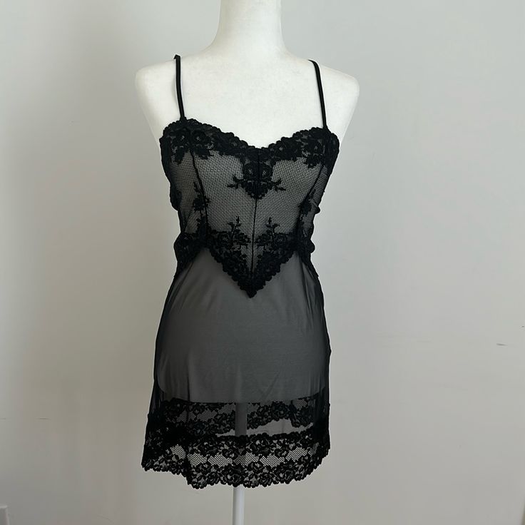 Intimacy, Size Small Brand New Note Tag Never Worn Purchase In Spain Sheer Lace Night Chemise, Sheer Lace Chemise For Night, Black Camisole For Wedding Night, Coquette Lace Sleepwear For Evening, Sleeveless Black Nightgown For Wedding Night, Black Coquette Sleepwear For Wedding Night, Black Spaghetti Strap Dress For Wedding Night, Black Dresses With Spaghetti Straps For Wedding Night, Black Camisole Nightgown For Wedding Night