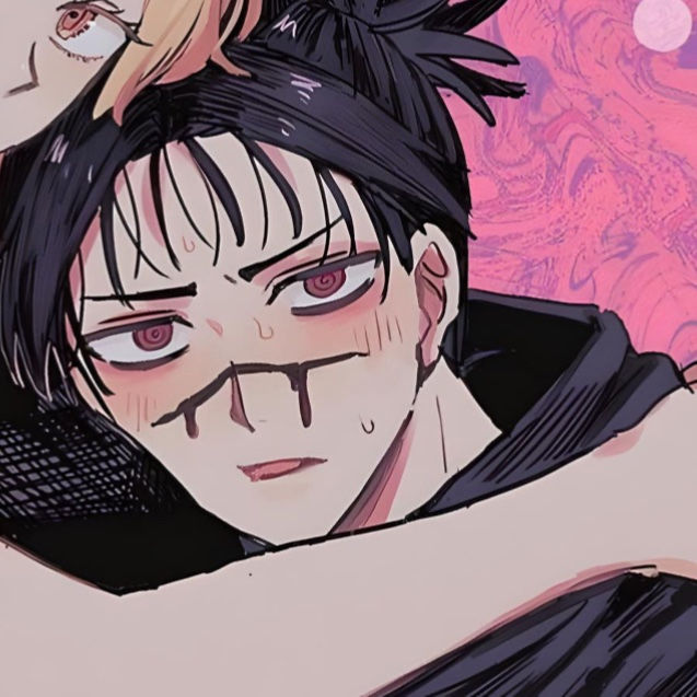 an anime character with black hair and red eyes hugging another character in front of a pink background