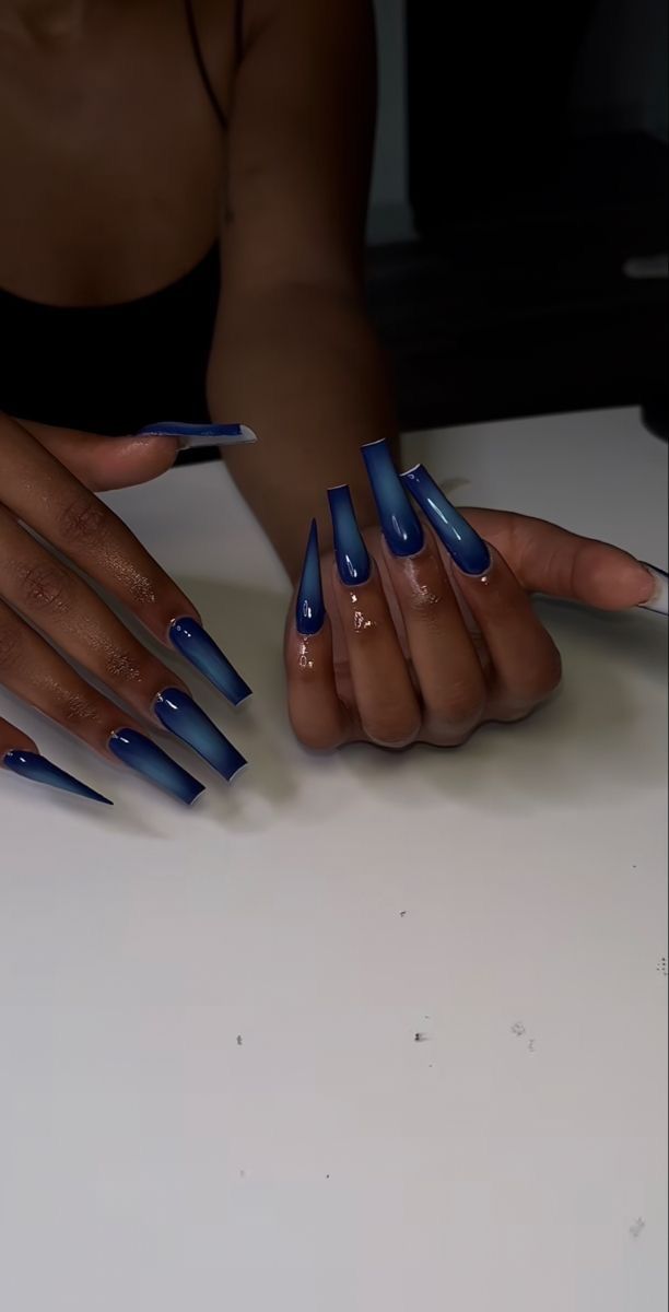 Blue Acrylic Nails Black Women, Air Brush Acrylic Nails, Blue Nail Sets, Long Acrylic Designs, Sharp Nails Design, Baddie Acrylics, Baddie Nail Art Designs, Long Square Acrylic Nails Designs, Acrylic Nails Black Women