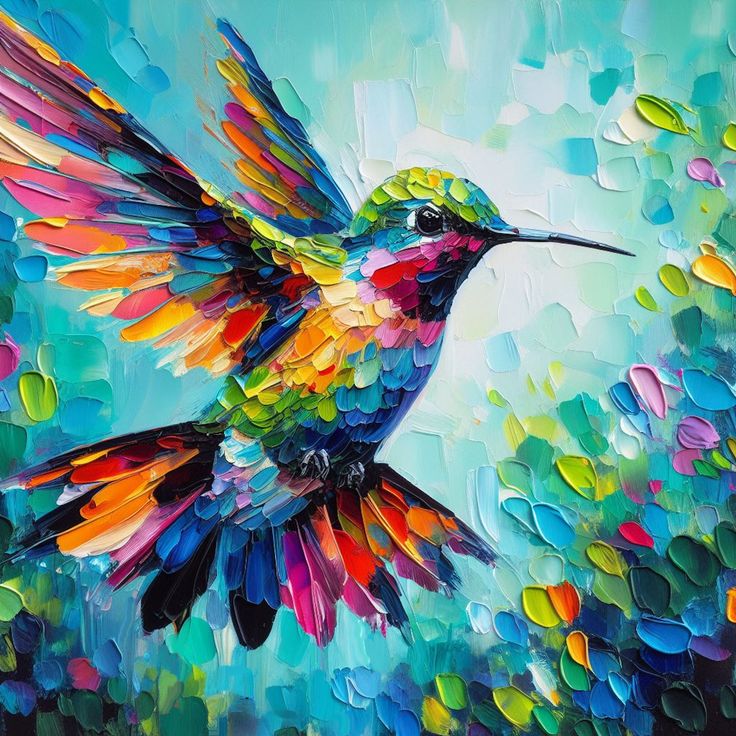 a painting of a colorful hummingbird flying in the air with its wings spread out