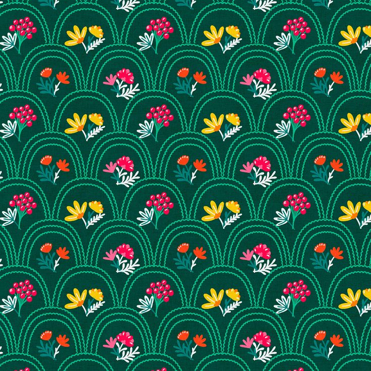 a green background with red, yellow and pink flowers on it's wavy pattern