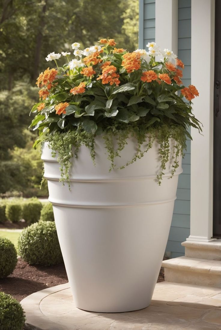 a large white planter with orange and white flowers